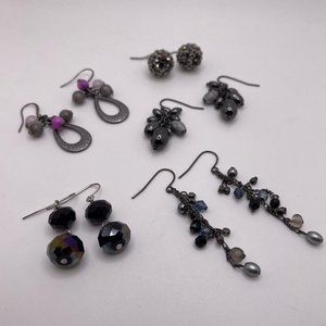 Lot Of 5 Costume Earrings Pierced - Dangle Drop - Bead / Beaded Gunmetal / Grey